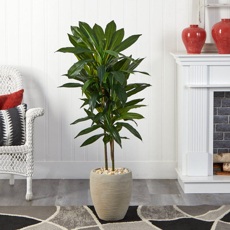 Nearly Natural 4-ft Dracaena Artificial Plant in Sand Colored Planter (Real Touch)