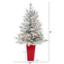 4’ Flocked Fraser Fir Artificial Christmas Tree with 200 Warm White Lights and 481 Bendable Branches in Red Planter