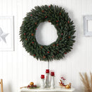 4’ Large Flocked Wreath with Pinecones, Berries, 150 Clear LED Lights and 400 Bendable Branches
