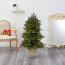 4’ Yukon Mountain Fir Artificial Christmas Tree with 100 Clear Lights, Pine Cones and 386 Bendable Branches in Country White Planter