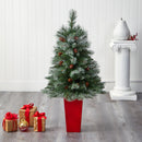 44” Snowed French Alps Mountain Pine Artificial Christmas Tree with 135 Bendable Branches and Pine Cones in Red Planter