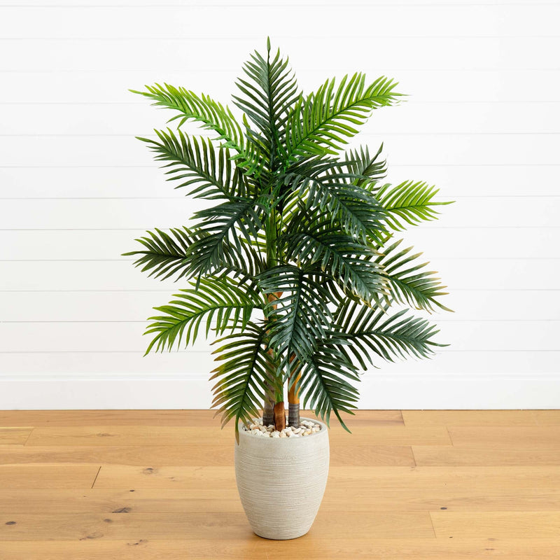 areca palm silk plant Nearly Natural 5 ft. Real Touch Artificial Areca Palm Tree in Sand-Colored Planter