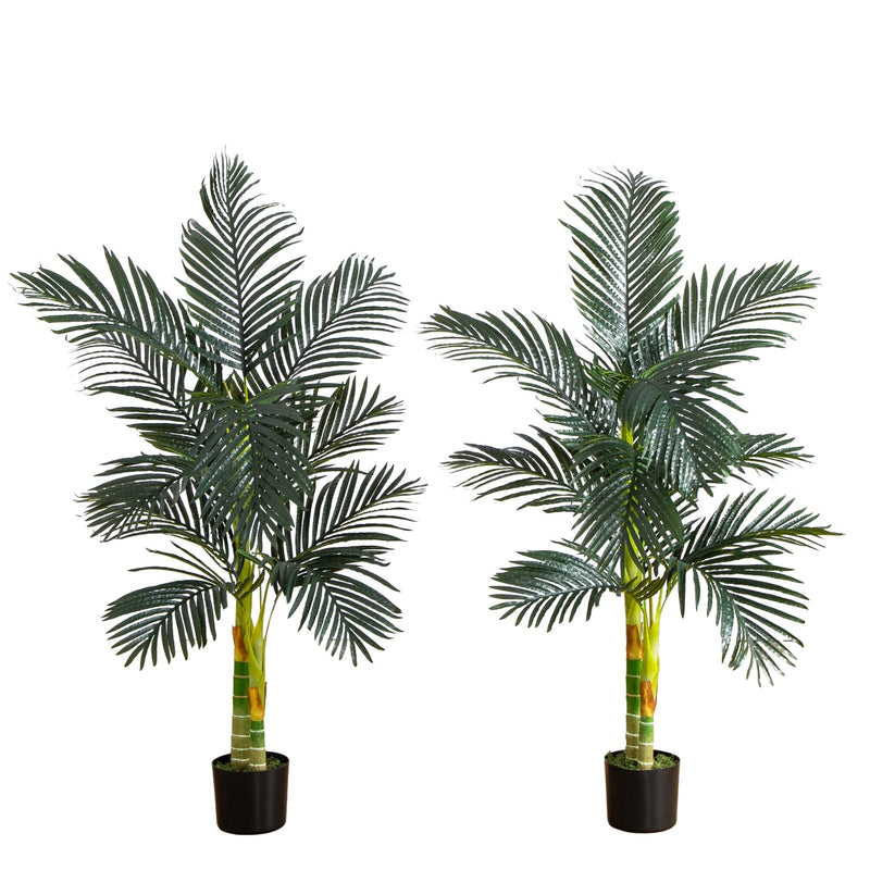 Nearly Natural 5-FT Artificial Golden Cane Palm Tree, Set of 2 Fake Palm Trees with Two Realistic Trunks and 12 Lifelike Palm Fronds, Faux Palm