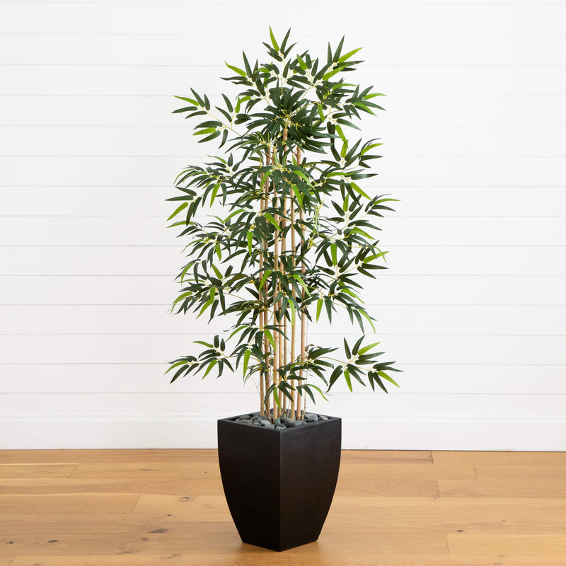 black bamboo house plant Nearly Natural 5ft. Bamboo Artificial Tree in Black Wash Planter
