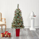 52” Frosted Swiss Pine Artificial Christmas Tree with 100 Clear LED Lights and Berries in Red Tower Planter
