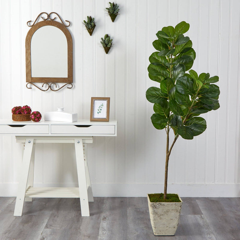 white planter for fiddle leaf fig Nearly Natural 5.5-ft Fiddle leaf Fig Artificial Tree in Country White Planter