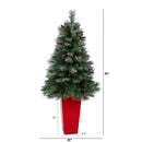 55” Snowed French Alps Mountain Pine Artificial Christmas Tree with 237 Bendable Branches and Pine Cones in Red Tower Planter