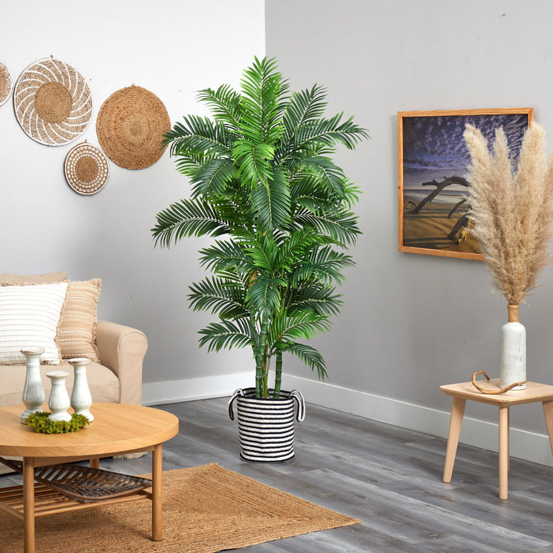 faux parlor palm Nearly Natural 6ft. Curvy Parlor Artificial Palm Tree in Handmade Black and White Jute and Cotton Planter