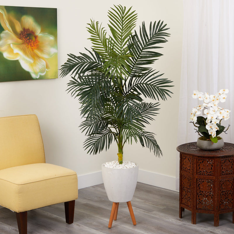 plant stand for palm tree 6’ Golden Cane Artificial Palm Tree in White Planter with Stand