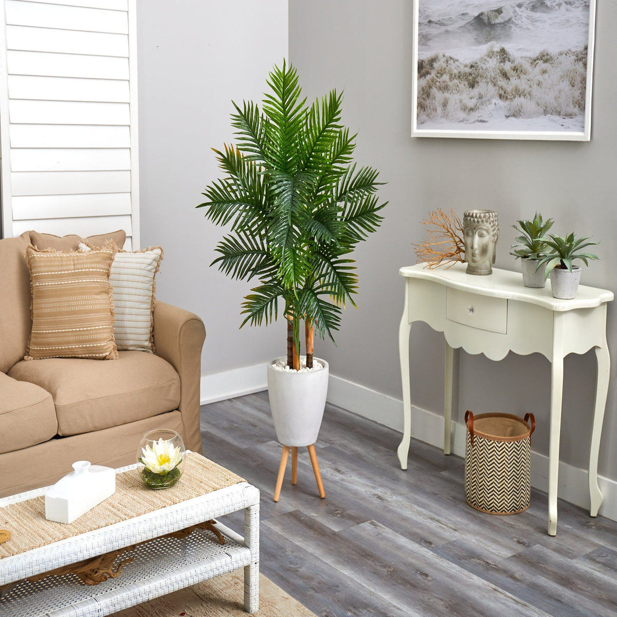 palm tree plant stand Nearly Natural 63in. Areca Artificial Palm Tree in White Planter with Stand (Real Touch)