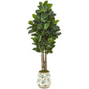 63” Rubber Leaf Artificial Tree in Floral Print Planter