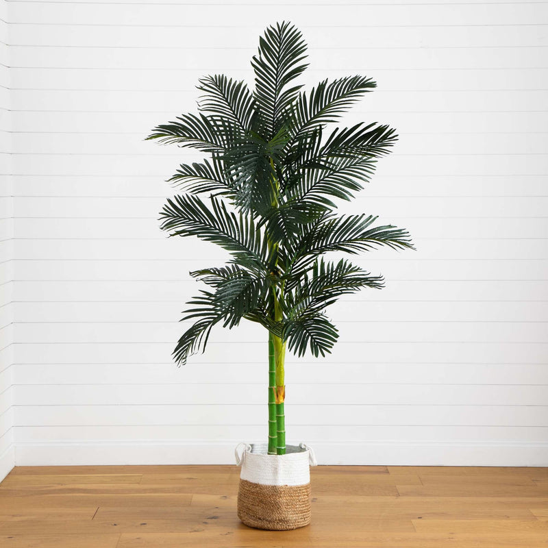 planter palm trees Nearly Natural 8ft. Golden Cane Artificial Palm Tree in Handmade Natural Cotton Planter
