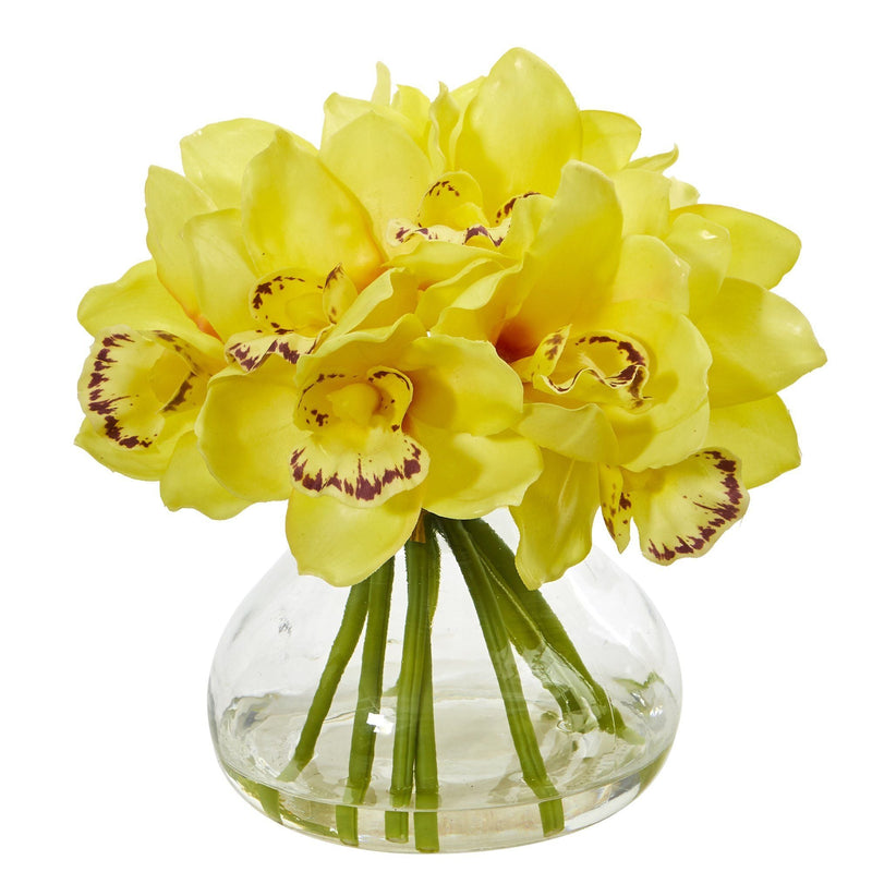 Cymbidium Silk Orchid Artificial Arrangement in Glass Vase