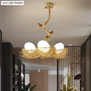 DecorBites™ Artistry Milk White Glass Ball Chandelier Pendant 1/2/3-Light Golden Hanging Lamp with Birds and Hand Sewn Aluminum Nest