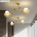 DecorBites™ Artistry Milk White Glass Ball Chandelier Pendant 1/2/3-Light Golden Hanging Lamp with Birds and Hand Sewn Aluminum Nest