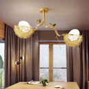 DecorBites™ Artistry Milk White Glass Ball Chandelier Pendant 1/2/3-Light Golden Hanging Lamp with Birds and Hand Sewn Aluminum Nest