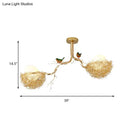 DecorBites™ Artistry Milk White Glass Ball Chandelier Pendant 1/2/3-Light Golden Hanging Lamp with Birds and Hand Sewn Aluminum Nest