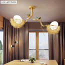 DecorBites™ Artistry Milk White Glass Ball Chandelier Pendant 1/2/3-Light Golden Hanging Lamp with Birds and Hand Sewn Aluminum Nest