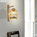 Asian wood cage design wall sconce bedroom white bird deco lamp
