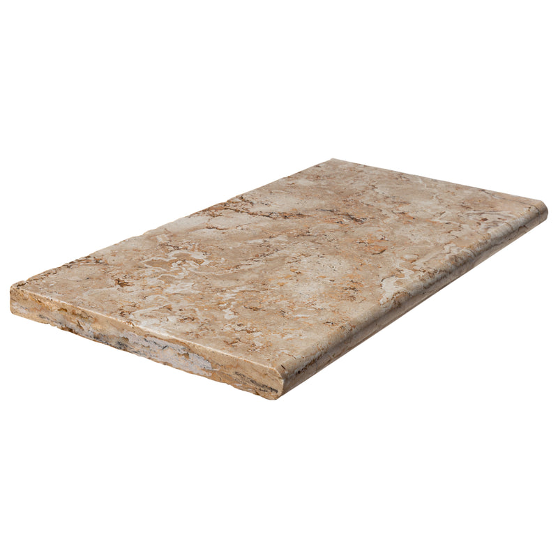 aspendos beige travertine coping 12x24 tumbled angle wet profile view