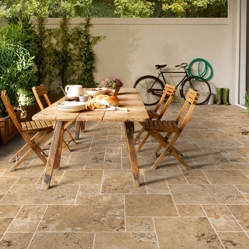 aspendos beige travertine pavers pattern installed on patio floor square view