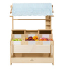 Cypress Wooden Market Stand | Kids Pretend Play Shop with Storage Shelves & Chalkboard Sign
