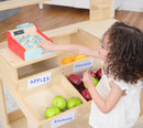 Cypress Wooden Market Stand | Kids Pretend Play Shop with Storage Shelves & Chalkboard Sign