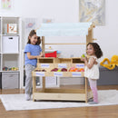 Cypress Wooden Market Stand | Kids Pretend Play Shop with Storage Shelves & Chalkboard Sign