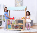 Holly Wooden Market Stand | Kids Pretend Play Grocery Store & Toy Display Shelf with Canopy