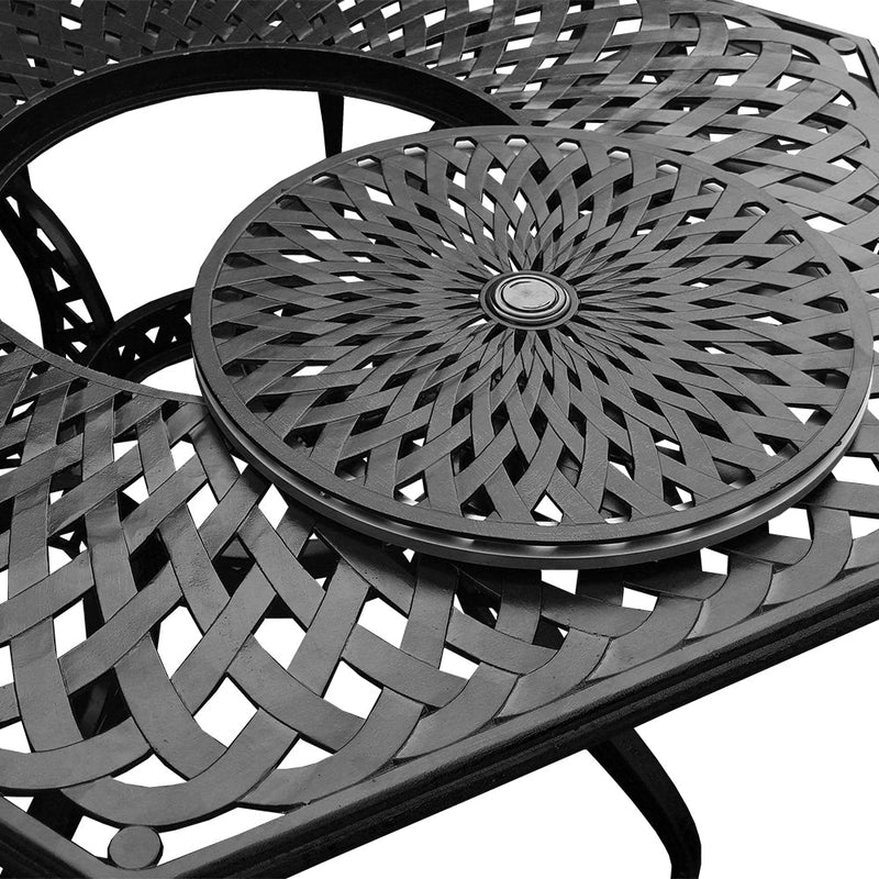 Aluminum 7pc Black Hexagon Patio Dining Set, Lazy Susan, Six Chairs