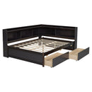 Full Size L-shaped Bookcases Bed with Power Outlets, USB Charging Ports,Two Drawers,Espresso