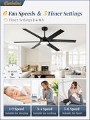 60 Inch Black Ceiling Fan With Lights Remote DC Motor