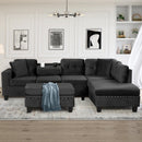 Modern Sectional Sofa with Storage Ottoman, L-Shape Couch with 2 Pillows and Cup Holders, Black Velvet, 105'
