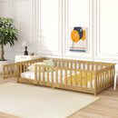 Twin Size Floor Bed with Fence and Door,Rubber Wood Floor Bed with Safety Guardrails,Natural