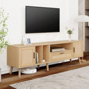 Rattan TV Stand with 2 Cabinets & 2 Open Shelves, Rattan-inspired Media Console Table for TVs up to 80", Entertainment Center with Solid Wood Legs, TV cabinet for Living room, Bedroom, Home Theatre