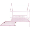 Full Size Metal House Bed with Twin Size Trundle, Pink
