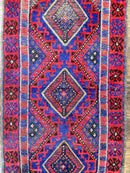 Turkoman Runner Rug 2 x 8.6, Skinny Runner, Handmade Wool Carpet for Hallway, Red and Blue, Wool, Vintage 8ft Runner