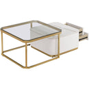 Modern 2 Pieces White Square Nesting Coffee Table with Drawers & Electroplated gold legs in 27.6"