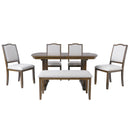 6-Piece Dining Table Set, 60inch to 78inch Extendable Wood Dining Table with Removable Leaf, Kitchen Table Set with 4 Upholstered Side Chair and Bench, Dining Table Set for 6 (Brown)