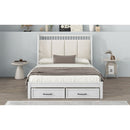 Full Size Wood Platform Bed with Upholstered Headboard and 2 Drawers, White