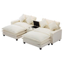 Chenille Upholstered Sectional Sofa with Removable Ottoman, USB Ports, Cup Holders, and Storage, Beige, 111'