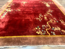 Red Chinese Art Deco Rug 9x11, Simple Design, Wool Chinese Area Rug, Antique