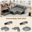 Multi-Functional Sectional Sofa Convertible Pull-out Bed with Storage Ottoman, USB Ports, Cup Holders, Chenille, Gray, 84.7'