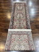 Sino Persian Runner Rug 2.7 x 10, Floral Kirman Lavar Carpet for Hallway, Cream, Handmade Wool Vintage Rug