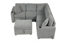Multi-Functional Sectional Sofa Convertible Pull-out Bed with Storage Ottoman, USB Ports, Cup Holders, Chenille, Gray, 84.7'