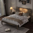 Farmhouse Wooden Platform Full Size Bed, Modern Platform Bed with Two Bedside Lights, Antique Walnut