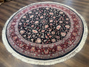 Round Sino Persian Rug 6x6, Floral, Navy Blue and Red, Wool and Silk Highlights
