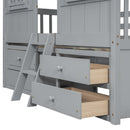Full Size House Loft Bed with Roof, Windows,4 Storage Drawers,Pine Wooden Bed with Safety Guardrails,Ladder,Grey