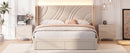 Modern Upholstered LED Bed Frame with Storage Drawers, Velvet Platform Bed, Wingback Headboard, RGB Light, Beige