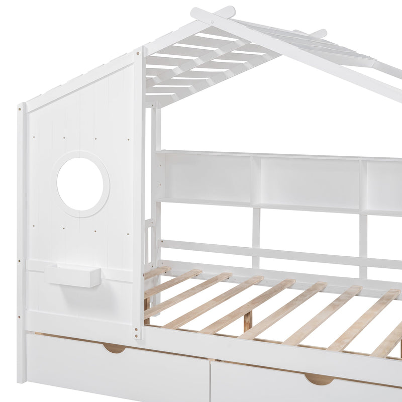 Wooden Full Size House Bed with 2 Drawers,Kids Bed with Storage Shelf, White